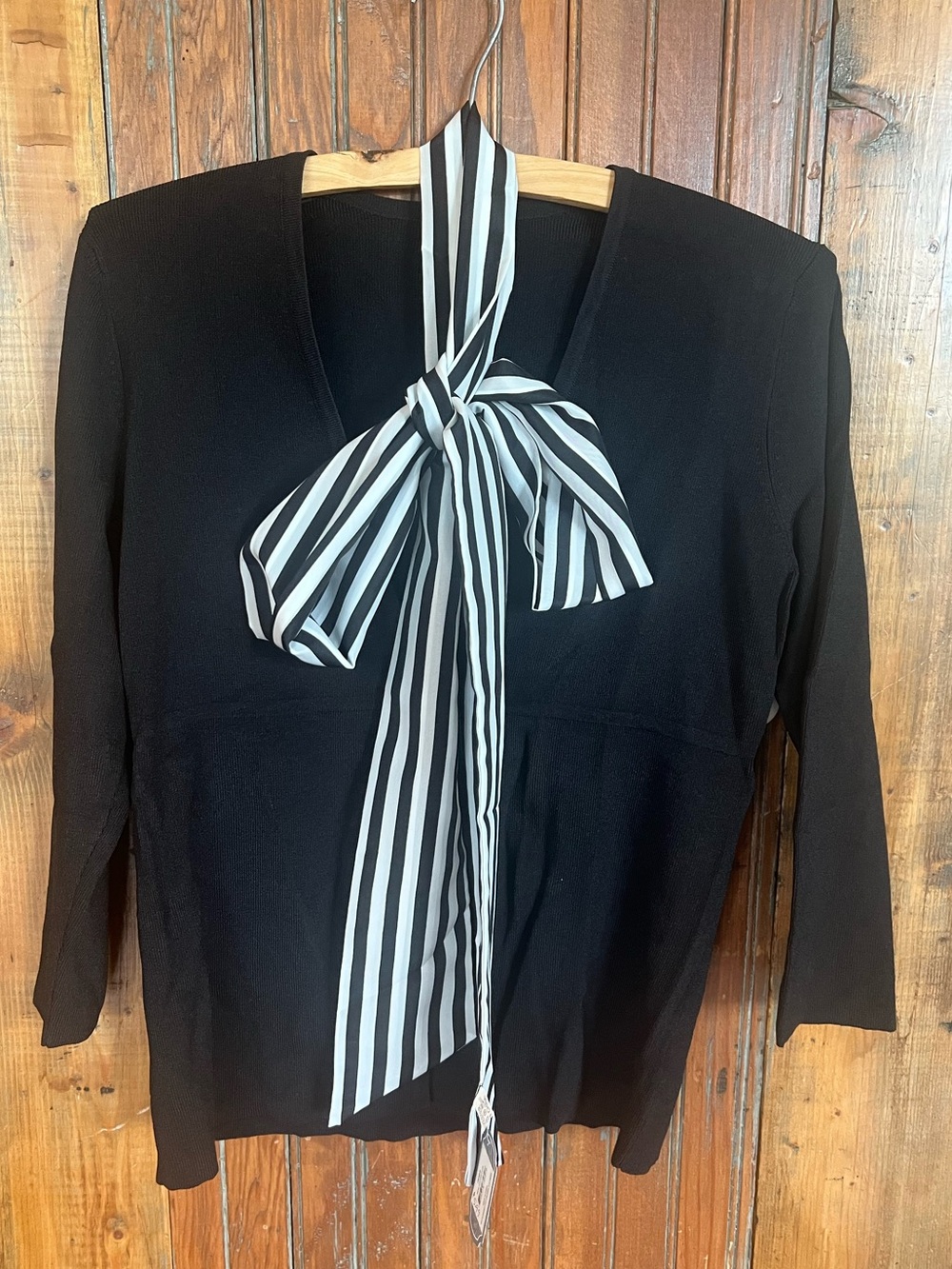 Black Women's Dressy Cardigan Sweater and Striped Bow Tie Scarf Size Medium